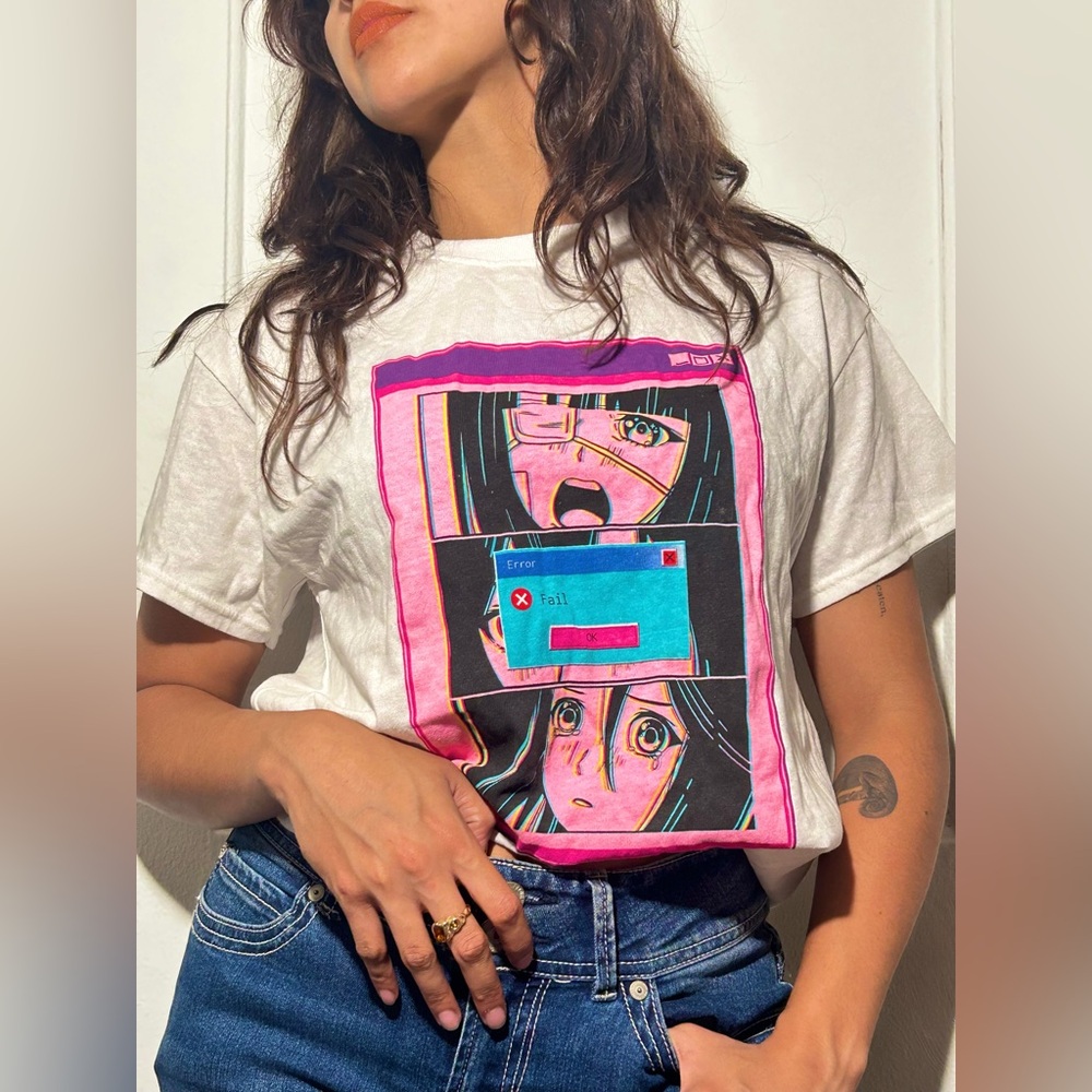 Graphic Anime T-Shirt with Pink and Blue Design